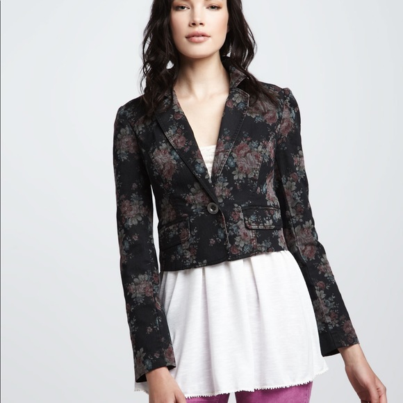 Free People Jackets & Blazers - Free People Cropped Floral Print Denim Blazer